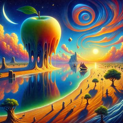 The primary subject of the image is a large, colorful apple tree with a giant apple on top. The tree is located in a surreal landscape, surrounded by a variety of trees, a lake, and a beach. The visual style of the image is a combination of digital art and illustration, creating a vibrant and imaginative scene. The colors and mood of the image are lively and whimsical, with the giant apple tree serving as the focal point of the surreal landscape.